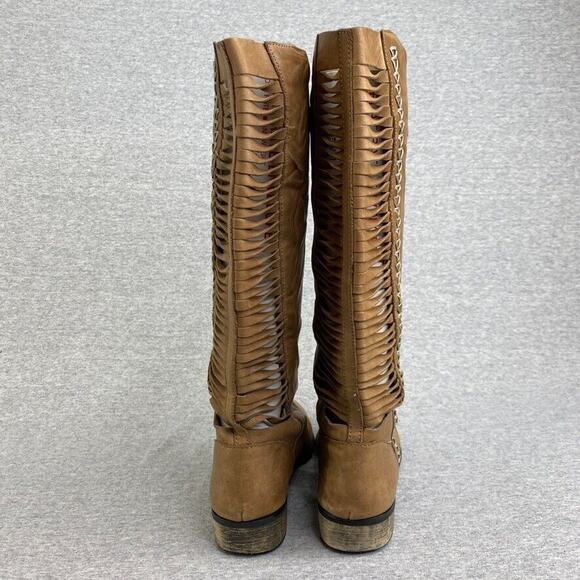 Very Volatile Boots Womens 6.5 Tan Brown Leather Riding Tall Cut Out - Picture 9 of 11
